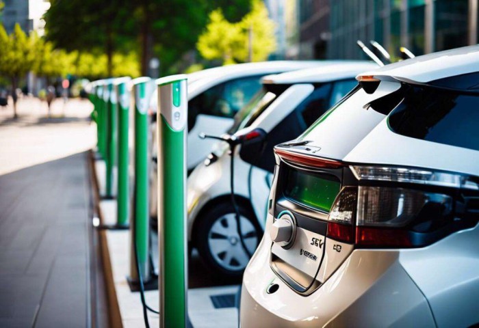 Véhicule électrique se rechargeant sur le parking de l'entreprise